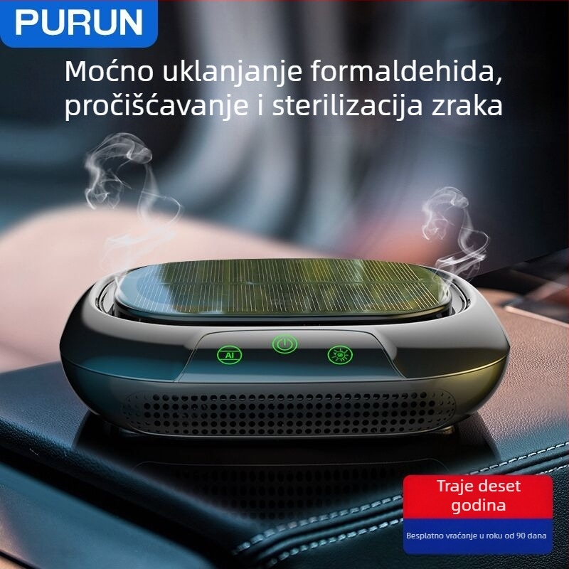 Solarni automobilni pročišćivač zraka s negativnim ionima, uklanja formaldehid, maglu i mirise; radi na 12V, snaga 6W, koncentracija iona desetke milijuna, univerzalna kompatibilnost.