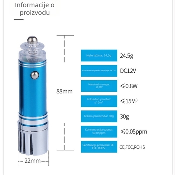 Automobilski pročišćivač zraka s negativnim ionima – uklanjanje mirisa, 12V, 0,75W, 3,8 milijuna iona, izlaz 12/24V