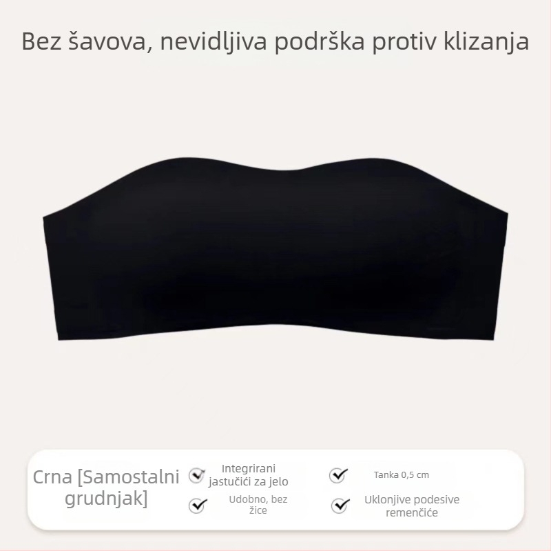 Grudnjak tip tube-top bez žice s tankim oblikovanim čašicama (1/2 šalice), glavni materijal najlon 70–80%, podstava najlon 50–70%, odvojive dvostruke naramenice, stražnja tri reda kopči, nevidljiv ispod odjeće