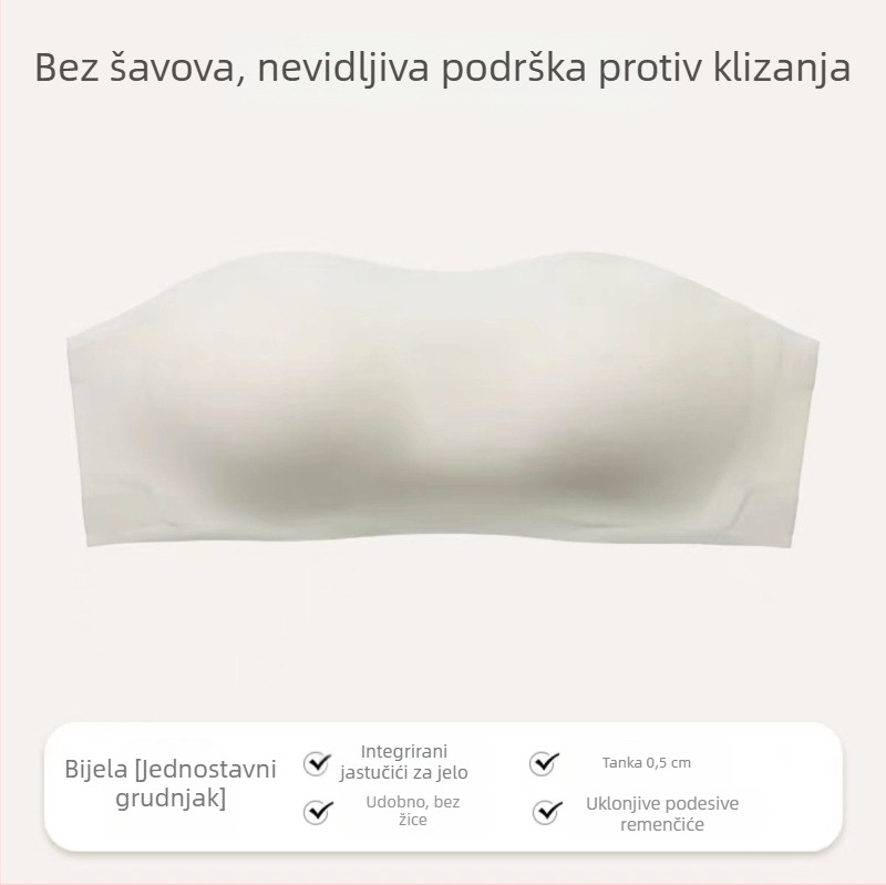 Grudnjak tip tube-top bez žice s tankim oblikovanim čašicama (1/2 šalice), glavni materijal najlon 70–80%, podstava najlon 50–70%, odvojive dvostruke naramenice, stražnja tri reda kopči, nevidljiv ispod odjeće