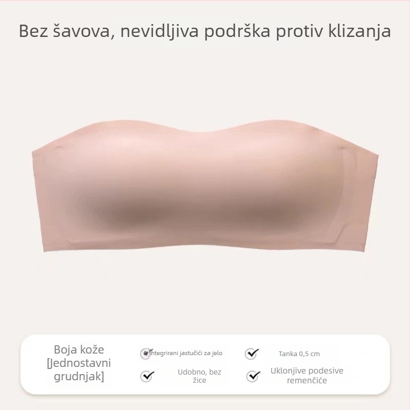 Grudnjak tip tube-top bez žice s tankim oblikovanim čašicama (1/2 šalice), glavni materijal najlon 70–80%, podstava najlon 50–70%, odvojive dvostruke naramenice, stražnja tri reda kopči, nevidljiv ispod odjeće