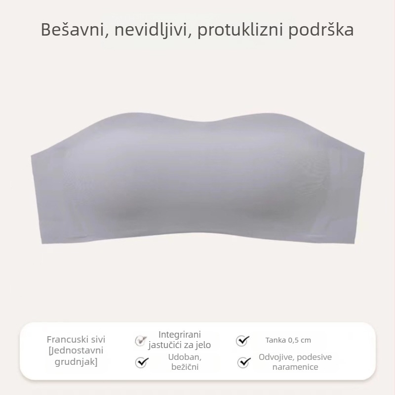 Grudnjak tip tube-top bez žice s tankim oblikovanim čašicama (1/2 šalice), glavni materijal najlon 70–80%, podstava najlon 50–70%, odvojive dvostruke naramenice, stražnja tri reda kopči, nevidljiv ispod odjeće