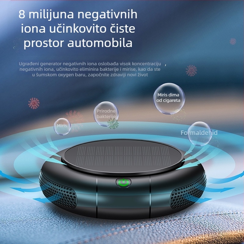 Solarno napajani čišćivač zraka za automobil i dom s negativnim ionima, bežični, 8 milijuna iona, protok zraka 50 m3/h, buka 50 dB