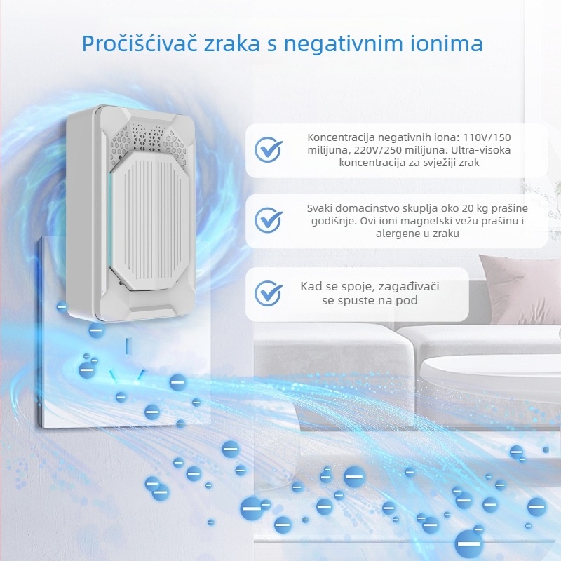 Prijenosni mini pročišćivač zraka s negativnim ionima, 50 m³/h, buka < 36 dB, pokrivenost 21–30 m², napajanje iz utičnice, mehaničko upravljanje