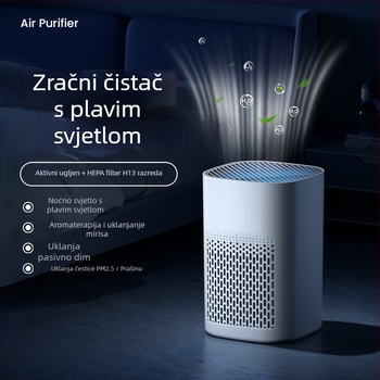 Desktop uređaj za pročišćavanje zraka za kućnu upotrebu; uklanja PM2.5, pasivno pušenje i mirise kućnih ljubimaca; filtr s aktivnim ugljenom; buka ispod 36 dB; protok zraka 50 m3/h; USB napajanje; kombinirani filtar; nije potrebno ugraditi; mehaničko uprav