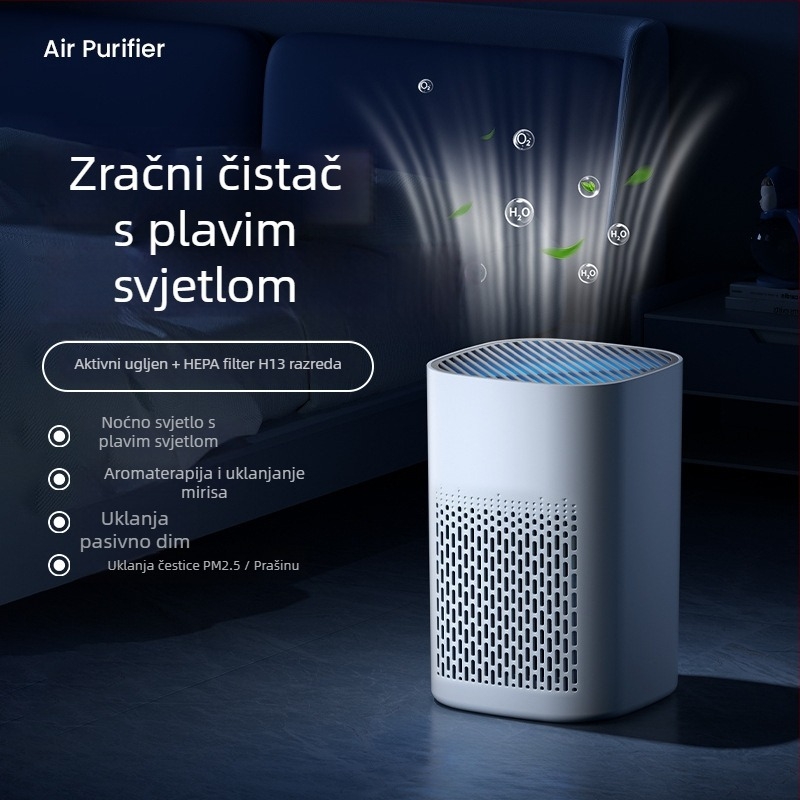 Desktop uređaj za pročišćavanje zraka za kućnu upotrebu; uklanja PM2.5, pasivno pušenje i mirise kućnih ljubimaca; filtr s aktivnim ugljenom; buka ispod 36 dB; protok zraka 50 m3/h; USB napajanje; kombinirani filtar; nije potrebno ugraditi; mehaničko uprav