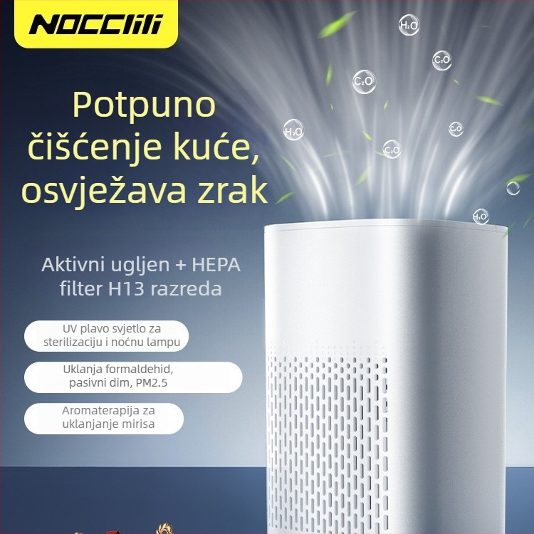 Desktop uređaj za pročišćavanje zraka – dezinfekcija, uklanjanje formaldehida i VOC-a, neutralizacija mirisa; niski nivo buke ≤36 dB; protok zraka 150–300 m3/h; USB napajanje