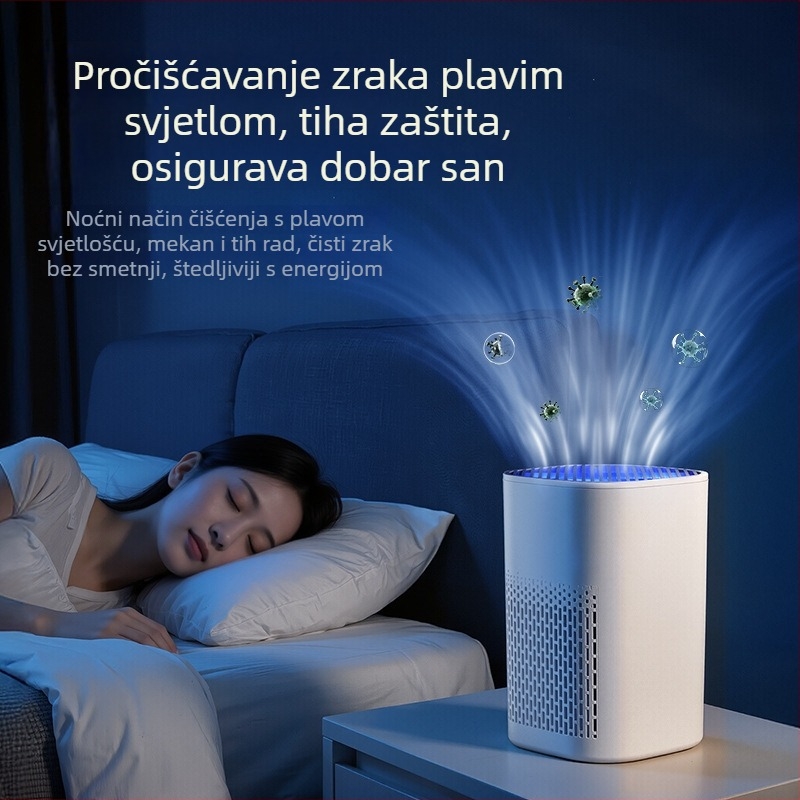 Desktop uređaj za pročišćavanje zraka – dezinfekcija, uklanjanje formaldehida i VOC-a, neutralizacija mirisa; niski nivo buke ≤36 dB; protok zraka 150–300 m3/h; USB napajanje