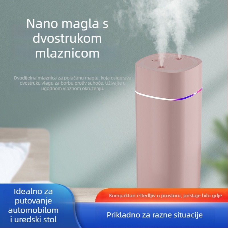 SD08 stolni ovlaživač, spremnik 0,5–1 L, 2 izlaza magle, USB napajanje, tišina do 36 dB