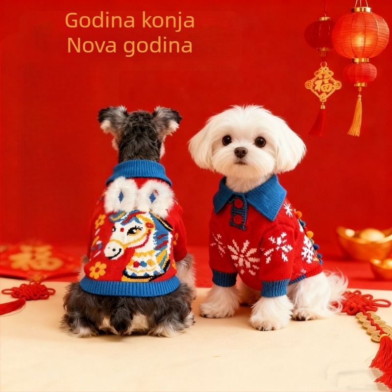 Pulover za pse Godina konja — Zodijakalni crtani pleteni džemper za male i srednje pse (Šnaucer, Francuski buldog, Teddy, Bichon Frisé, Pomeranian)