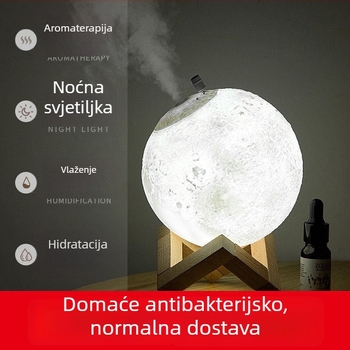 USB napajana 3D lampa Mjesec – ovlaživač s aromaterapijom, tih rad, spremnik 0.5–1 L, pokrivenost 41–60 m², tajmer 2–8 h