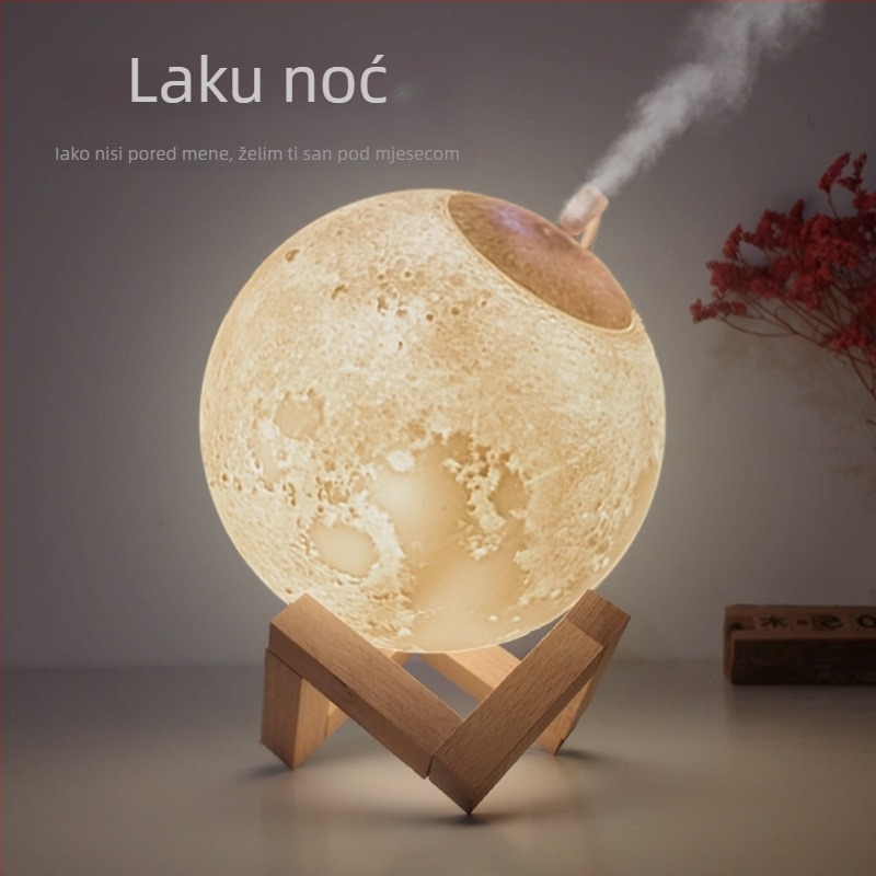 USB napajana 3D lampa Mjesec – ovlaživač s aromaterapijom, tih rad, spremnik 0.5–1 L, pokrivenost 41–60 m², tajmer 2–8 h