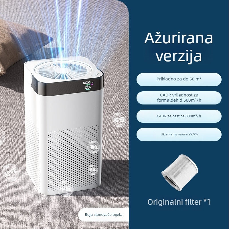 Stolni pročišćivač zraka za kućnu upotrebu – protok zraka 50 m³/h, buka <36 dB, CADR PM 300 m³/h, CADR formaldehid 45, pokrivenost 21–30 m²