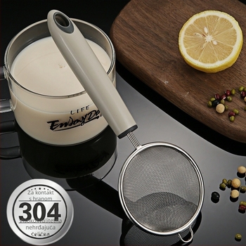 304 nehrđajući čelik – mrežasta kuhača za filtriranje sojinog mlijeka, soka, dječje hrane, tekućine za tortu s jajetom i brašnom — protuklizni držač, jedan kukica za vješanje, zaštita od opeklina