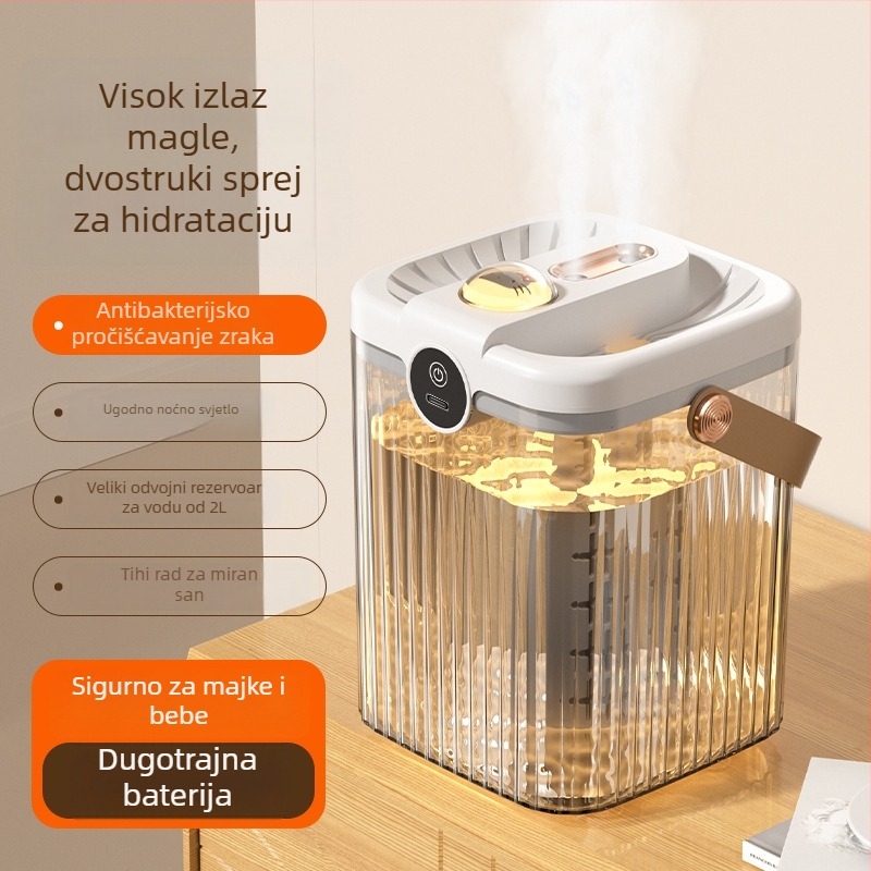 USB stolni ovlaživač zraka s 2 izlaza magle, spremnik 1.0–2.5 L, buka ispod 36 dB, ambijentalno osvjetljenje, za dom i ured