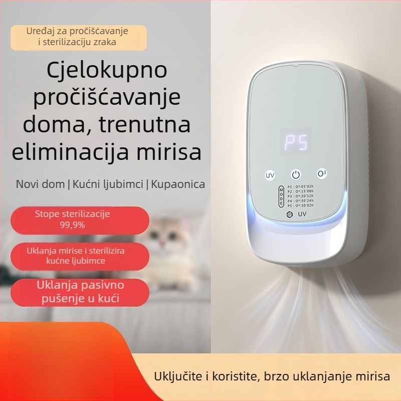 Učinkoviti pročišćivač zraka za uklanjanje mirisa kućnih ljubimaca — aktivni ugljen, UV i HEPA dezinfekcija, USB napajanje, zidni nosač, pokrivenost 10 m², zvuk <36 dB