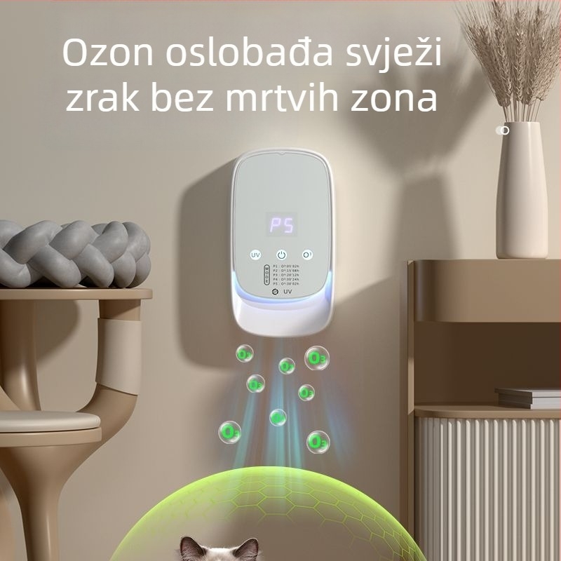 Učinkoviti pročišćivač zraka za uklanjanje mirisa kućnih ljubimaca — aktivni ugljen, UV i HEPA dezinfekcija, USB napajanje, zidni nosač, pokrivenost 10 m², zvuk <36 dB