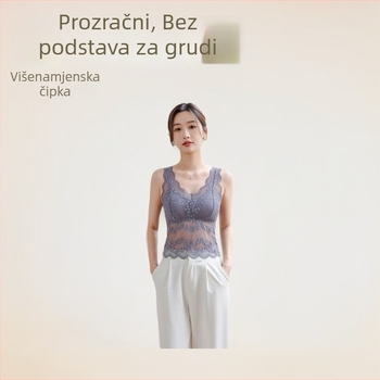 Čipkasti top s V izrezom, s jastučićima za dojke, bez žica, duljina struka