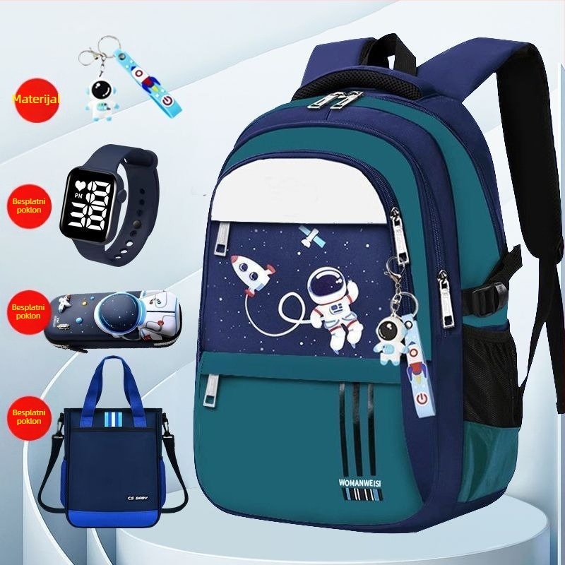 Lagani školski ruksak za dječake od 1. do 6. razreda, prozračan Oxford materijal, ergonomski stražnji panel, reflektirajuća sigurnost noću, dizajn s astronautom