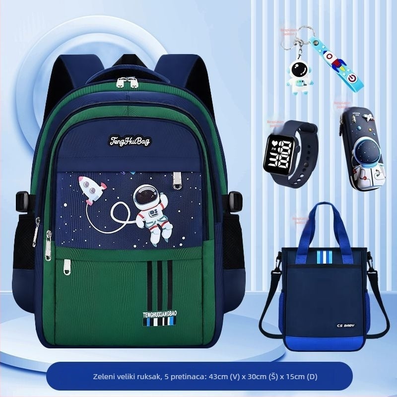 Lagani školski ruksak za dječake od 1. do 6. razreda, prozračan Oxford materijal, ergonomski stražnji panel, reflektirajuća sigurnost noću, dizajn s astronautom