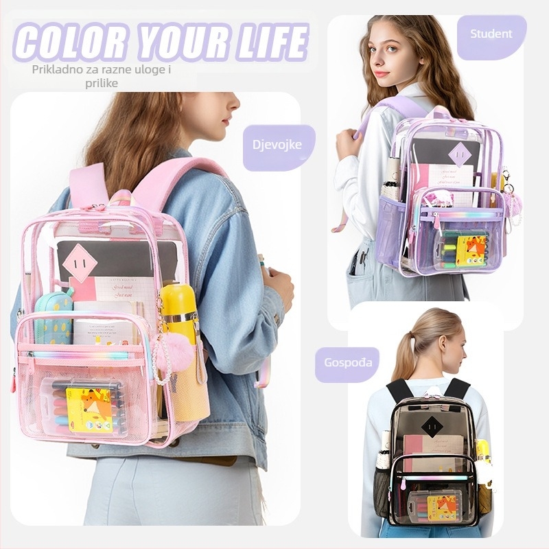Prozirna PVC školska torba za djevojčice, s jastučastim ramenima, vodootporna i izdržljiva, velika kapaciteta za osnovnu i srednju školu