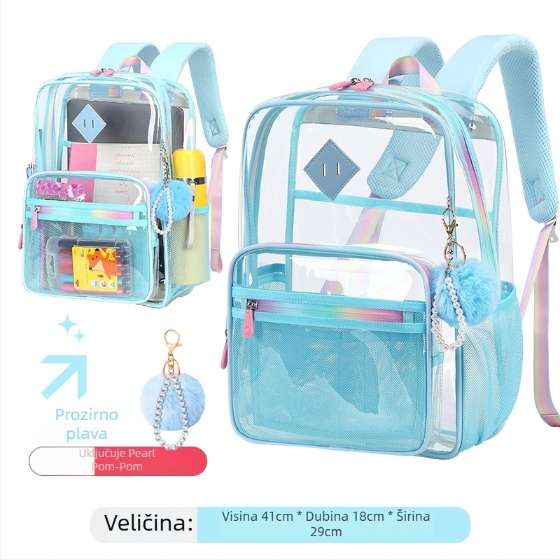 Prozirna PVC školska torba za djevojčice, s jastučastim ramenima, vodootporna i izdržljiva, velika kapaciteta za osnovnu i srednju školu