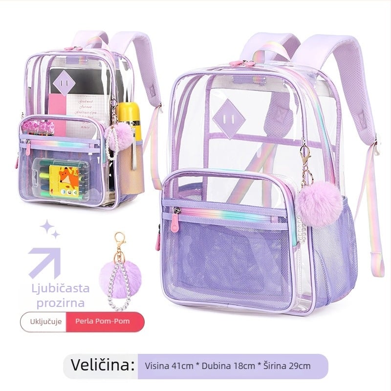 Prozirna PVC školska torba za djevojčice, s jastučastim ramenima, vodootporna i izdržljiva, velika kapaciteta za osnovnu i srednju školu