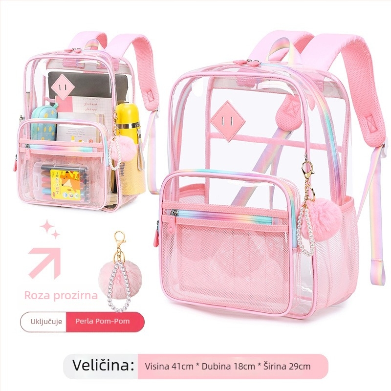 Prozirna PVC školska torba za djevojčice, s jastučastim ramenima, vodootporna i izdržljiva, velika kapaciteta za osnovnu i srednju školu