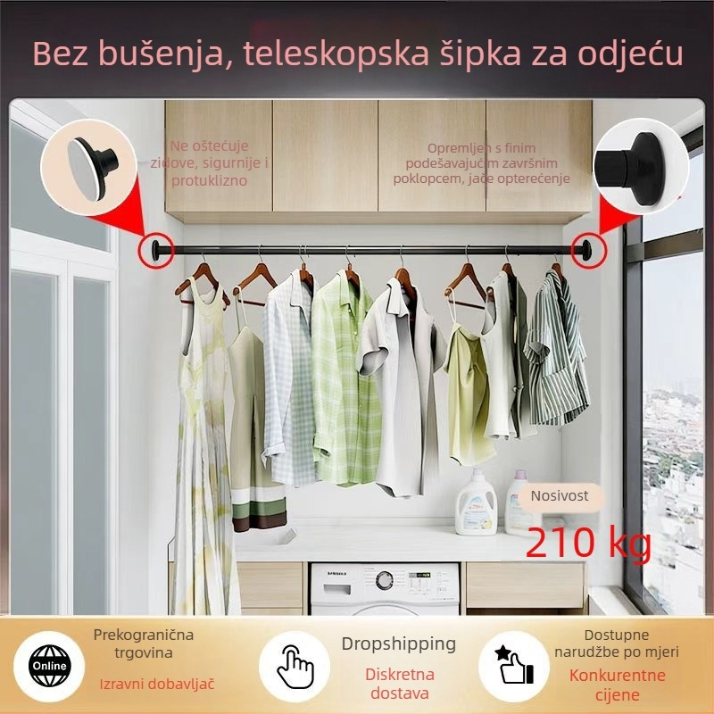 Prilagodljiva teleskopska šipka za sušenje odjeće – bez bušenja, bez čavli, s jakom nosivošću