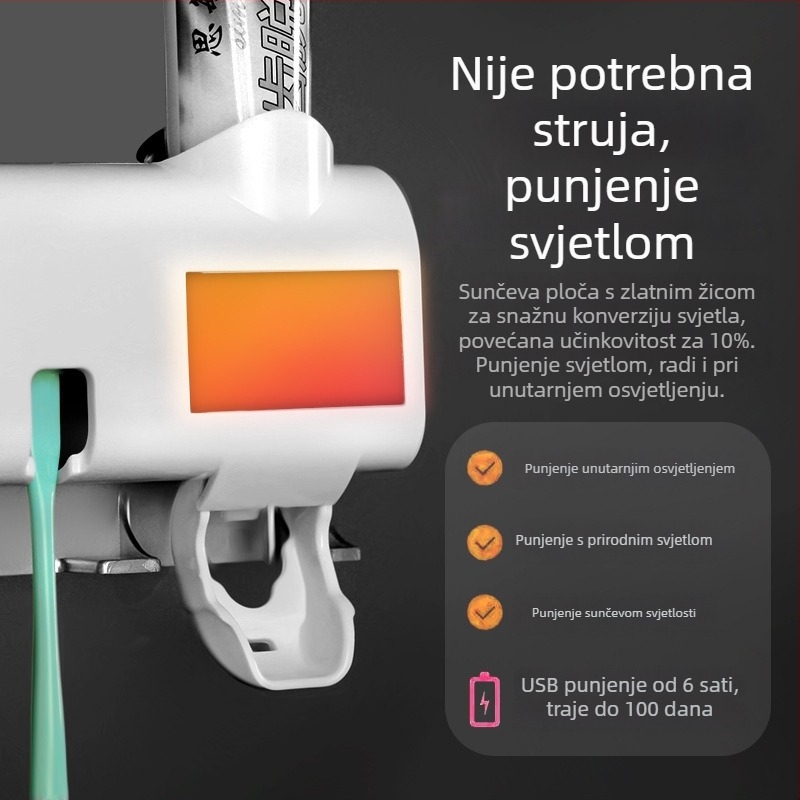 Držač četkica za zube s UV sterilizacijom i automatskim doziranjem zubne paste, pričvršćivanje vakuumom, plastično tijelo, mogućnost tiskanja logotipa