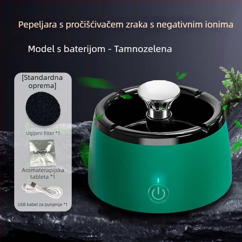 Pepeljara pročišćivač zraka s negativnim ionima za pušače, USB napajanje, protok zraka 50 m³/h, buka ispod 36 dB, stolni minimalistički dizajn