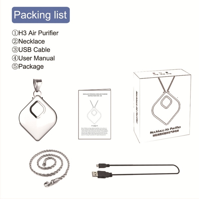H3 privjesni uređaj za pročišćavanje zraka s negativnim ionima, mini USB-prijenosni, za automobil i dom, 50 m3/h, buka ispod 36 dB, pogodan za prostor do 10 m²