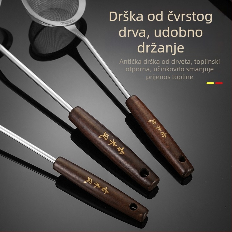 Trodijelni filtar mreža od nehrđajućeg čelika s drvenom drškom, ručna kuhinjska cjediljka za brašno i masne ostatke, protuklizna, zaštita od opeklina