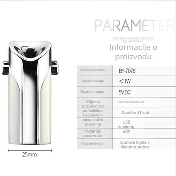 Prijenosni nosivi pročistač zraka s negativnim ionima – navlaživanje i sterilizacija, USB napajanje, protok zraka 50 m3/h, buka ispod 36 dB