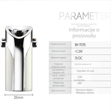 Prijenosni nosivi pročistač zraka s negativnim ionima – navlaživanje i sterilizacija, USB napajanje, protok zraka 50 m3/h, buka ispod 36 dB