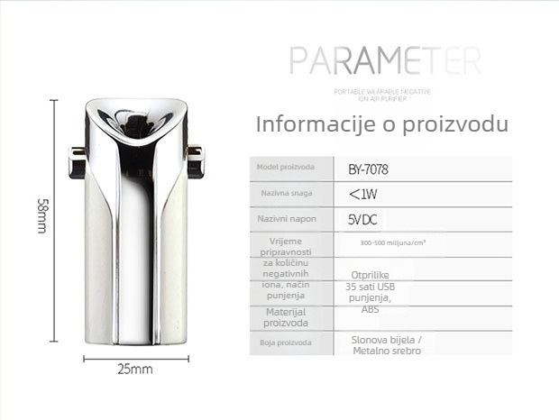 Prijenosni nosivi pročistač zraka s negativnim ionima – navlaživanje i sterilizacija, USB napajanje, protok zraka 50 m3/h, buka ispod 36 dB
