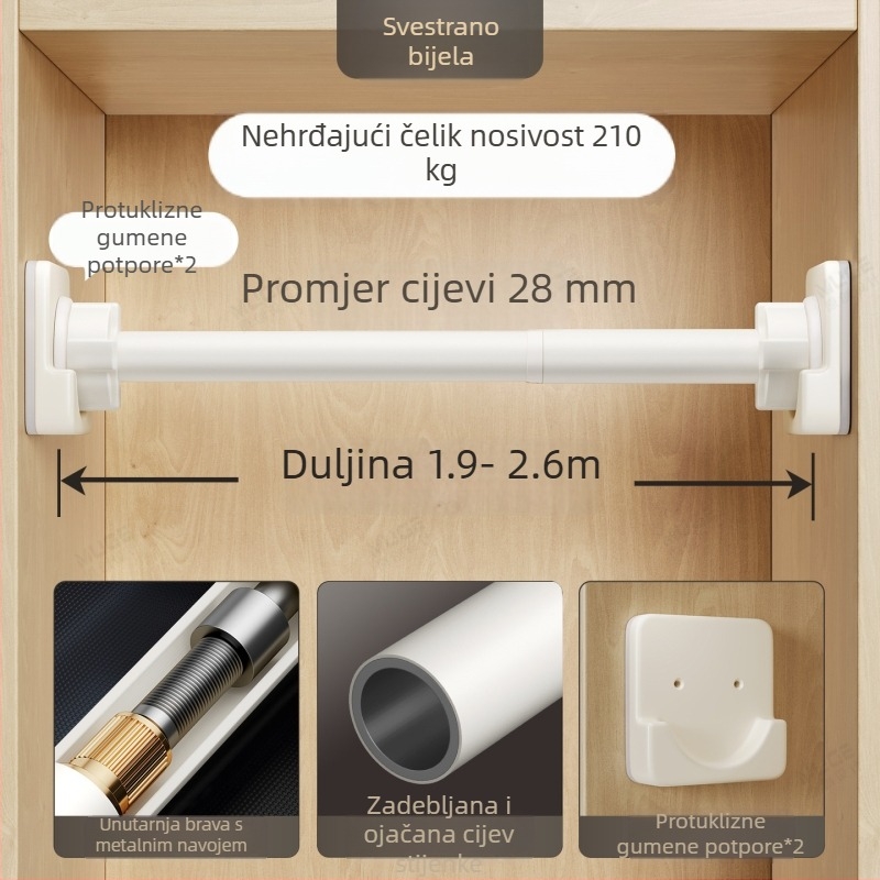 Teleskopska šipka za garderobu bez bušenja, vješanje odjeće, prečka za garderobu, čvrsto učvršćivanje