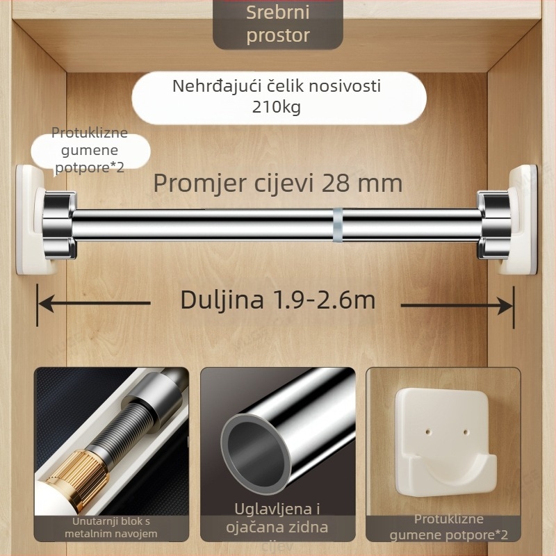 Teleskopska šipka za garderobu bez bušenja, vješanje odjeće, prečka za garderobu, čvrsto učvršćivanje