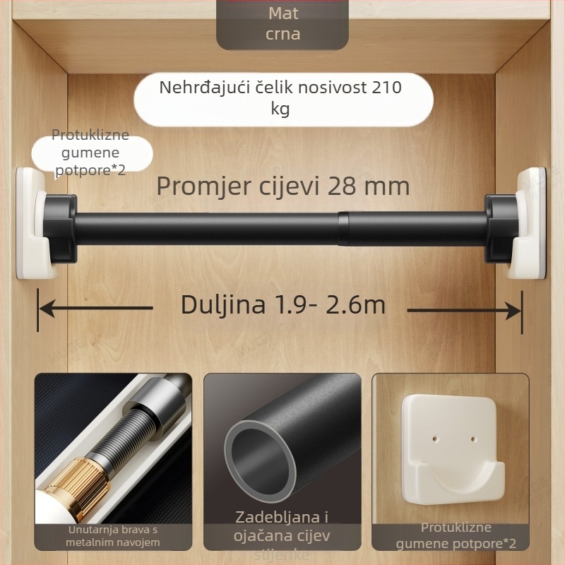 Teleskopska šipka za garderobu bez bušenja, vješanje odjeće, prečka za garderobu, čvrsto učvršćivanje