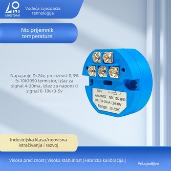 Integrirani prijenosnik temperature s NTC 10k (β 3950), izlazi 4-20 mA i 0-10 V, napajanje 5 V, signačni prijenosnik s klizačkim potenciometrom