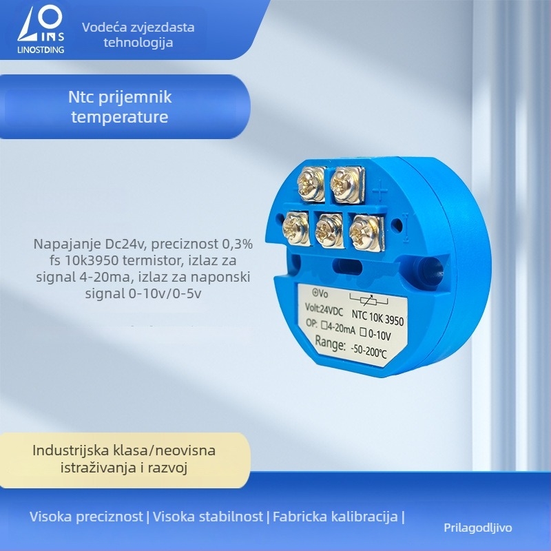 Integrirani prijenosnik temperature s NTC 10k (β 3950), izlazi 4-20 mA i 0-10 V, napajanje 5 V, signačni prijenosnik s klizačkim potenciometrom