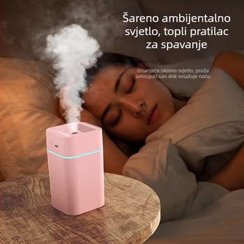 Mini USB tiho ovlaživač za kućnu upotrebu, pokriće 10–20 m², spremnik ≤0,5 L, 1 izlaz magle, USB napajanje 2–4 W, buka < 36 dB