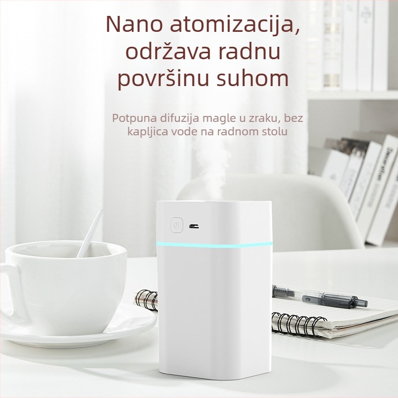 Mini USB tiho ovlaživač za kućnu upotrebu, pokriće 10–20 m², spremnik ≤0,5 L, 1 izlaz magle, USB napajanje 2–4 W, buka < 36 dB