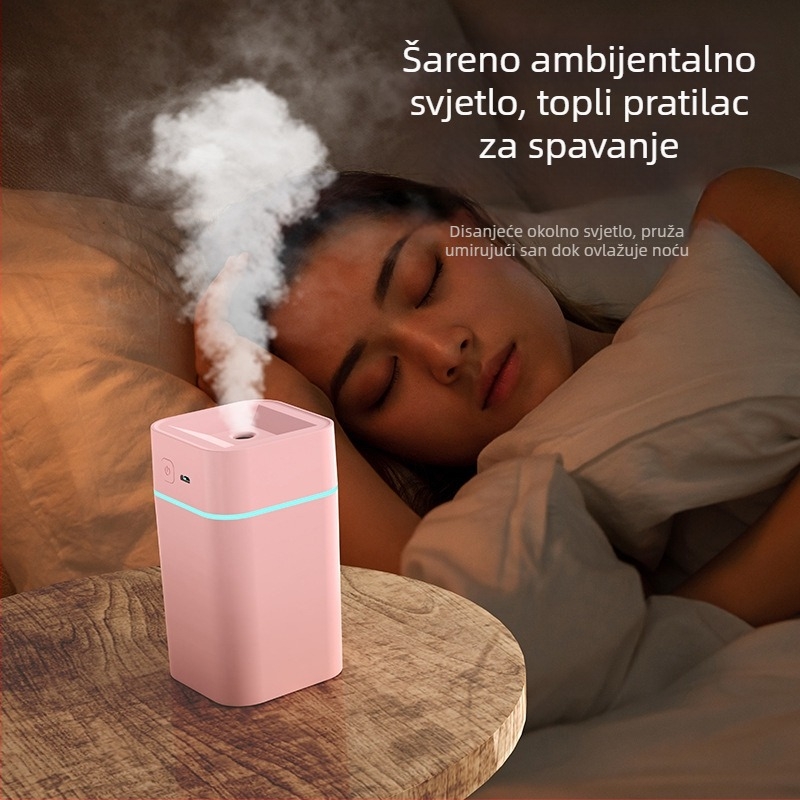 Mini USB tiho ovlaživač za kućnu upotrebu, pokriće 10–20 m², spremnik ≤0,5 L, 1 izlaz magle, USB napajanje 2–4 W, buka < 36 dB
