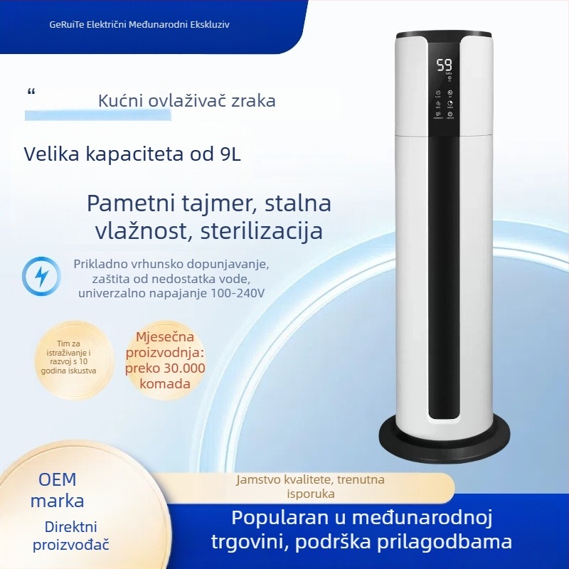 Podni ultrazvučni ovlaživač zraka za kućnu upotrebu, model 2508; spremnik vode 6,1–10 L; pogodan za 31–40 m²; jedan izlaz magle; daljinski upravljač.
