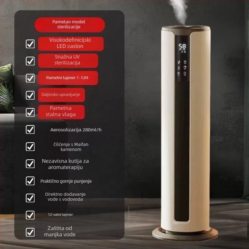 Podni ultrazvučni ovlaživač zraka za kućnu upotrebu, model 2508; spremnik vode 6,1–10 L; pogodan za 31–40 m²; jedan izlaz magle; daljinski upravljač.