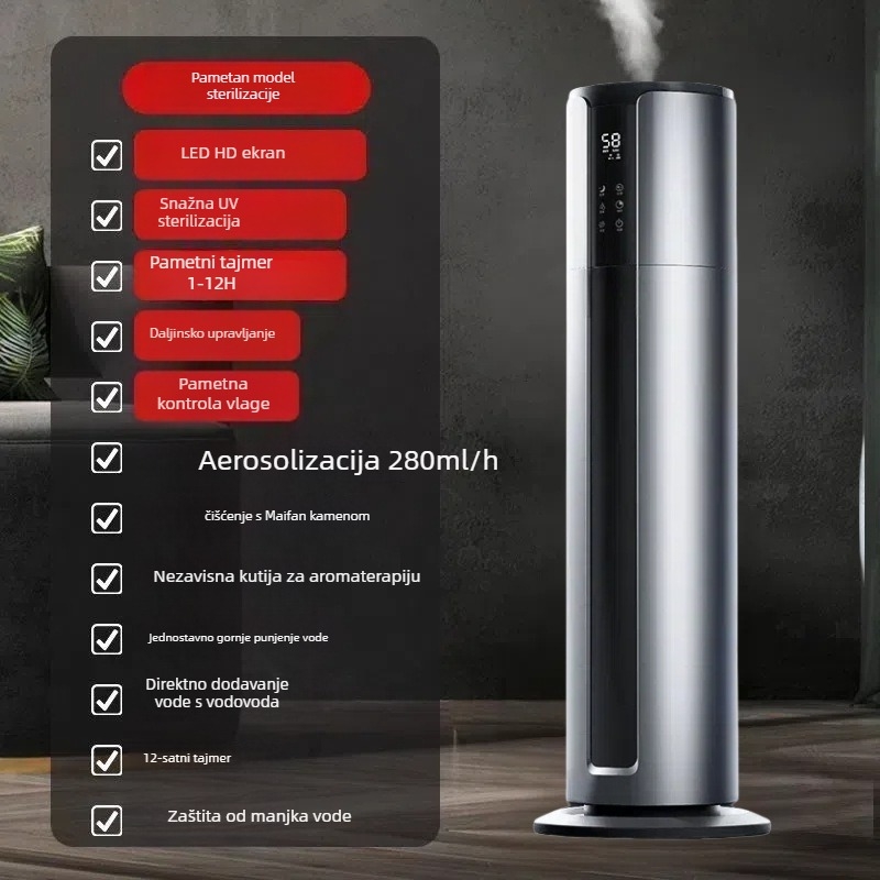 Podni ultrazvučni ovlaživač zraka za kućnu upotrebu, model 2508; spremnik vode 6,1–10 L; pogodan za 31–40 m²; jedan izlaz magle; daljinski upravljač.