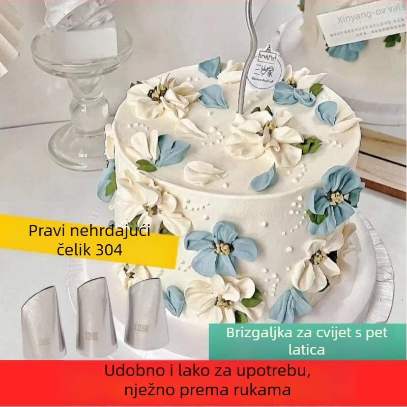 Set od 3 plosnatih vrhova za ukrašavanje torti s petolistom ružom, nehrđajući čelik, Unique