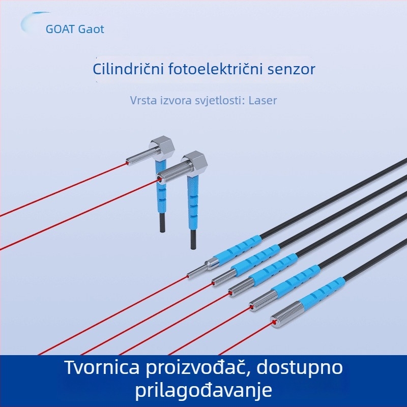 Valjkasti laserski fotoelektrični senzor, očitanje pod pravim kutem, režimi preko snopa ili difuznog odraza, 650 nm laser, domet 2,5–5 mm, IP65, izlaz NPN/PNP