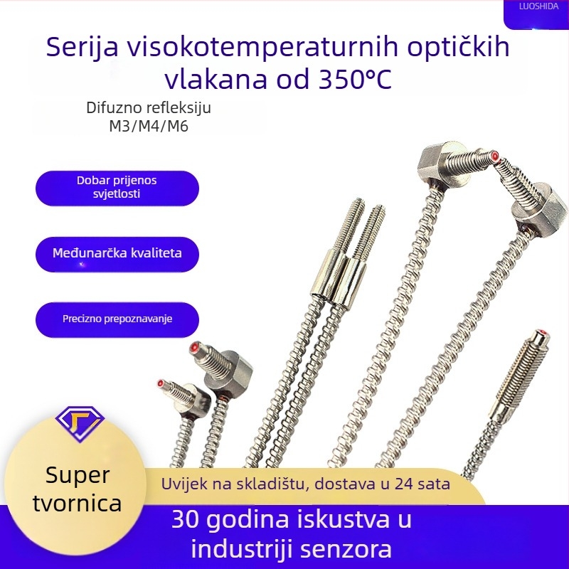 Visokotemperaturni vlaknasti optički senzor, otporan na 350°C, Through-Beam, savijeni završetak M4, difuzno-refleksijsko staklo